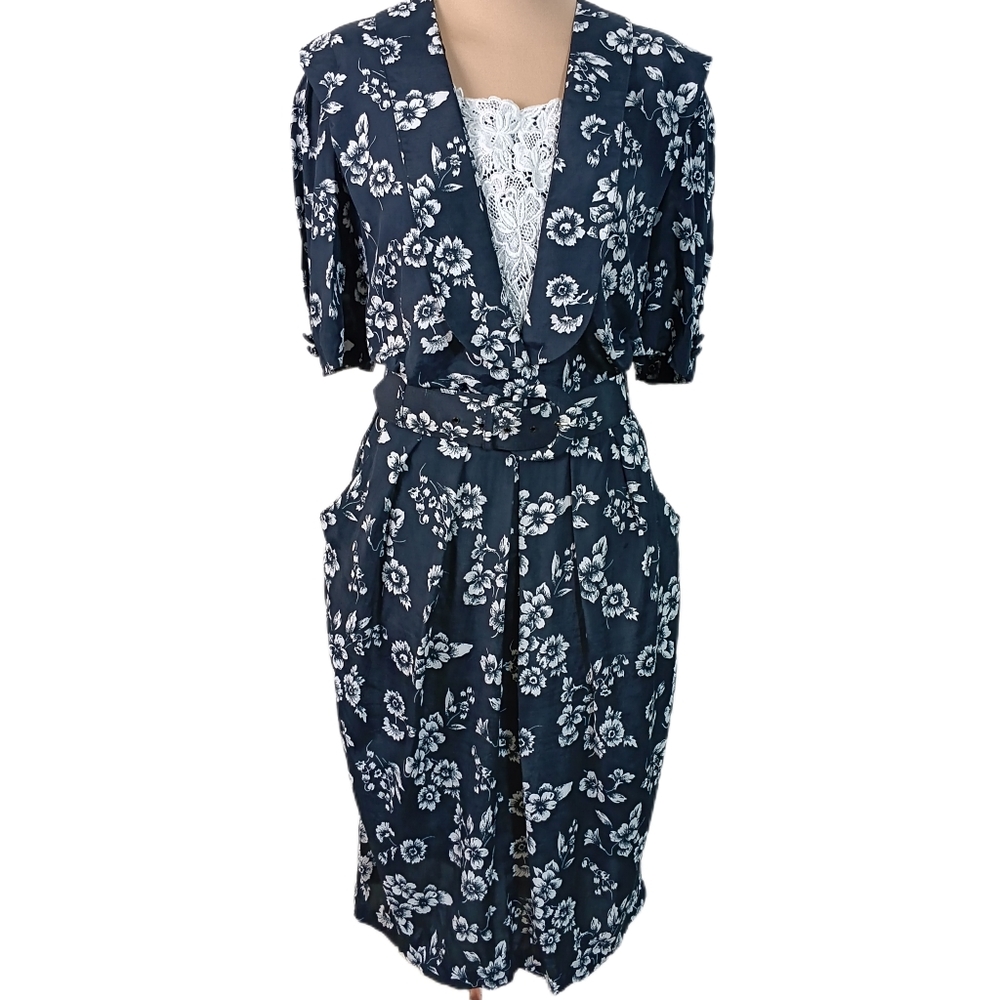 Vintage 90s Karin Stevens Dress Womens 14 Black White Floral Belt Cottage Granny